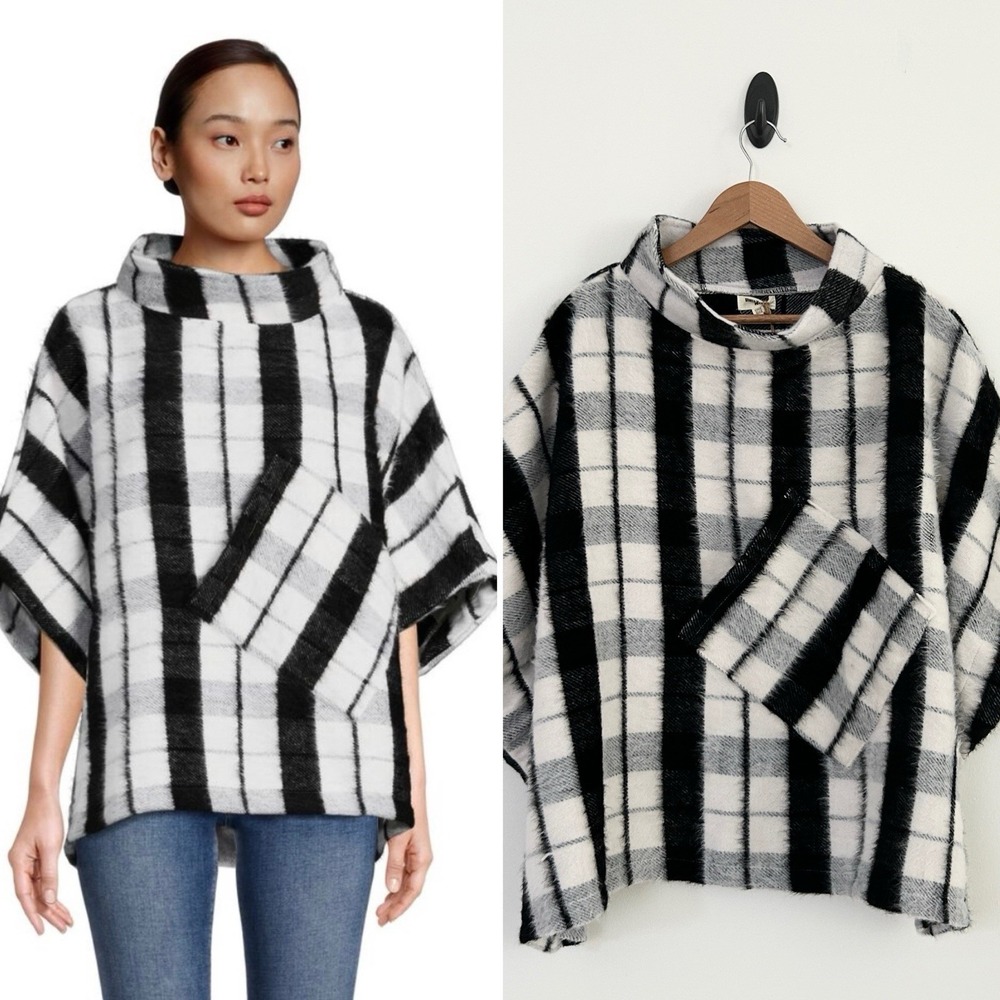 World Market One Size Cecil Black White Multi Funnel Pullover Poncho Jacket NWT